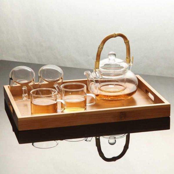 Serving tray bamboo wooden tea tray with handles