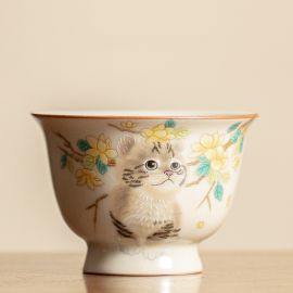 Beige Ru Ware Teacup with Cute Cat/Rabbit Pattern
