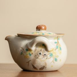 Beige Ru Ware Hand Grab Teapot with Cute Cat/Rabbit Pattern