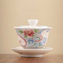 White Porcelain Gaiwan,Blooming Flowers